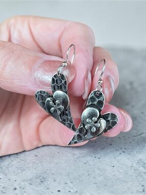 Silver Forest Layered Hammered Heart Floral Dangle Earrings